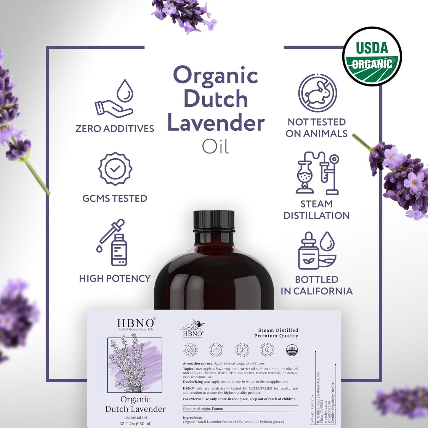 HBNO Organic Lavender Dutch Oil - 32 oz (950 ml) Large Size - Ideal for Shampoos, Conditioners, Mouth Washes, Face wash, Lotions, and Skin Care Products (Glass Bottle).