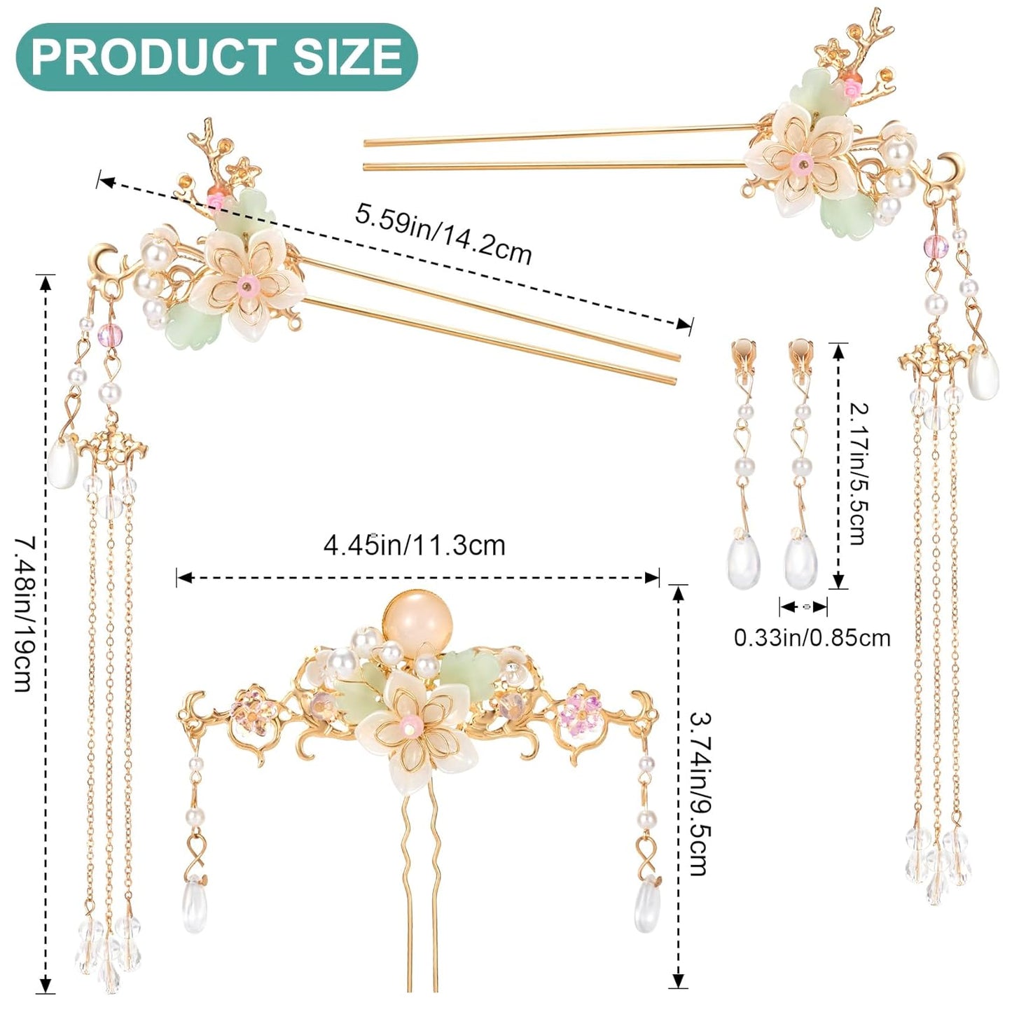 5PCS Orchid Flower Tassels Hairpin, Crystal Rhinestone Pearl Hair Clips Headpiece Retro Chinese Hanfu Floral Wedding Brides Hair Accessories Jewelry for Women Girls Updo Long Hair