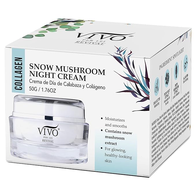 Vivo Per Lei Snow Mushroom & Peony Night Moisturizer - Anti Wrinkle Cream for Sensitive Skin - Anti Aging Night Cream with Shea Butter & Collagen - Paraben Free Moisturizer for Skin Woes - 50g