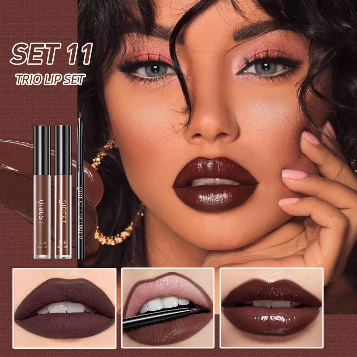 QiBest 3-in-1 Dark Red Lipstick Set for Women & Teen Girls, Matte Liquid Lipstick + Lip Gloss + Gel Lip Liner Pencil Trio Lip Gift Kit for 24 Hours Long Lasting & Waterproof Lip Makeup (Hot Chocolate)