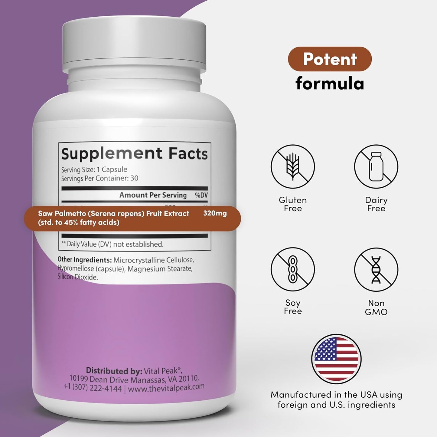 Saw Palmetto Peak 320 mg - Herbal Supplement for Hair Growth and Urinary Health - Vegan, Gluten Free, Dairy Free, Non-GMO - 30 Capsules