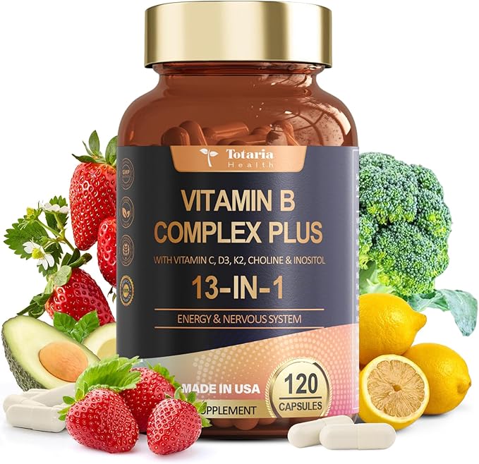 13-in-1 Vitamin B Complex Plus with Vitamin B1, B2, B3 (Niacinamide), B4, B5, B6, B7 (Biotin), B8 (Inositol), B9 (Folate), B12, C, D3, K2 - Energy, Nerve, Immune, Skin Support - 120 Vegan Capsules