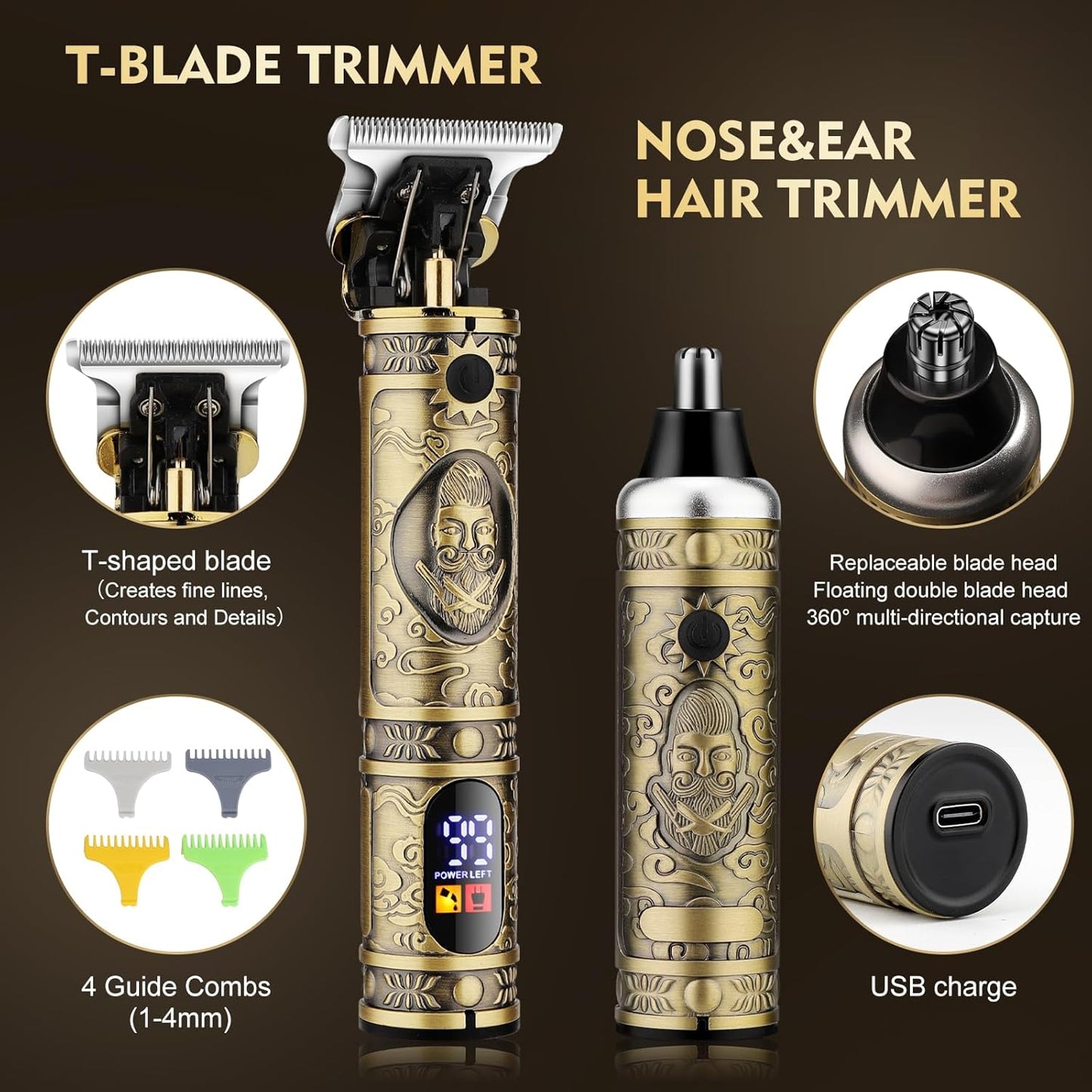 Professional Hair Clippers for Men,Hair Clippers+T-Blade Trimmer+Electric Shaver+Nose Hair Trimmer Set,4 in 1 Cordless Barber Hair Cutting Kit LCD Display Gifts (Gold)