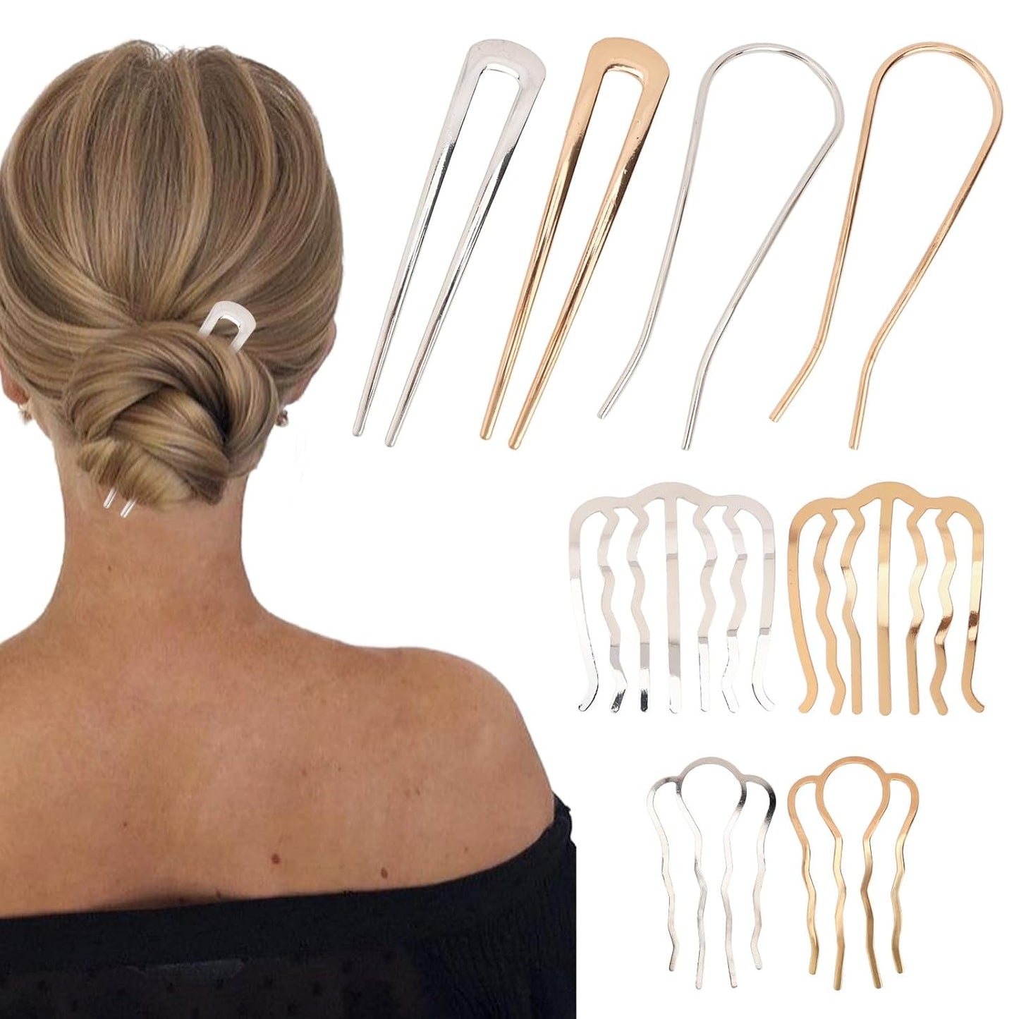 French Hair Pin, 8 PCS Hair Pins for Women Metal Hair Side Combs, French Pins Hair, U Shaped Hair Pins for Buns Updos, French Pins Hair Stick Pin Hair Combs for Styling Hairpin Hair Accessories