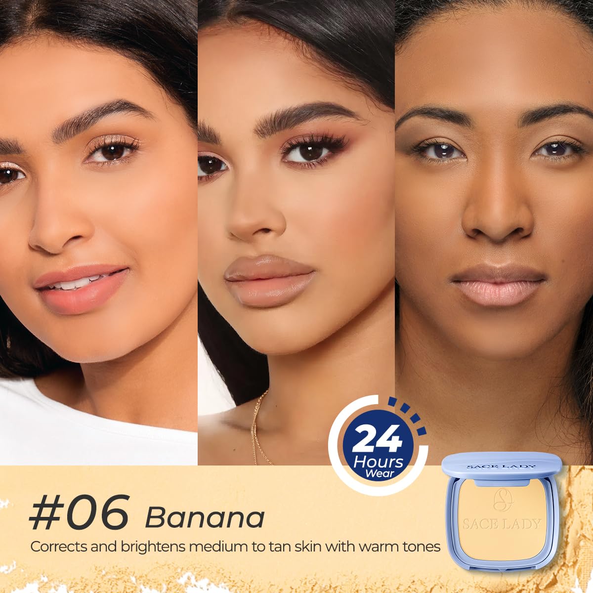 SACE LADY Face Powder Waterproof Setting Makeup, Talc-Free Oil Control Pressed Powder Compact for Women, Blurring Pores Matte Long Lasting Up to 24 Hours, Cruelty-Free (#06 Banana, 0.35Oz)