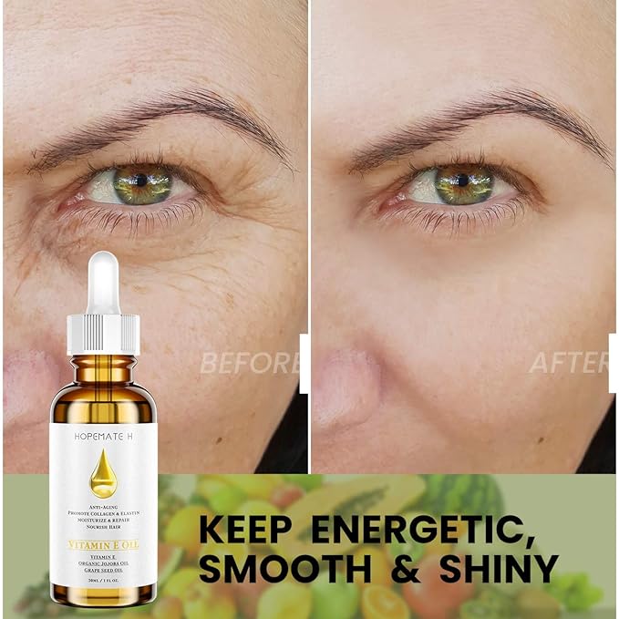 H Vitamin E Oil - Anti Aging, Reduce Wrinkles and Fine Lines for Moisturized & Youthful Skin - Pure & Natural Vitamin E Serum for Face, Hair, Nails (1 oz)