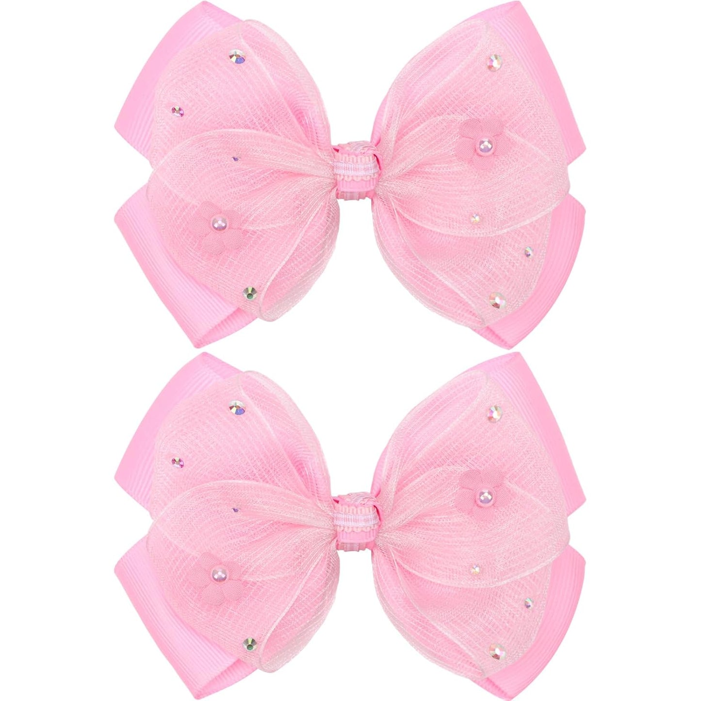 KISZU 4.5 Inch Flower Hair Bow Clips, Organza Bows with Pearls Big Hair Accessories for Baby Girls Kids Children Teens and Women (Hot Pink)