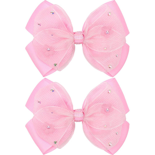KISZU 4.5 Inch Flower Hair Bow Clips, Organza Bows with Pearls Big Hair Accessories for Baby Girls Kids Children Teens and Women (Hot Pink)