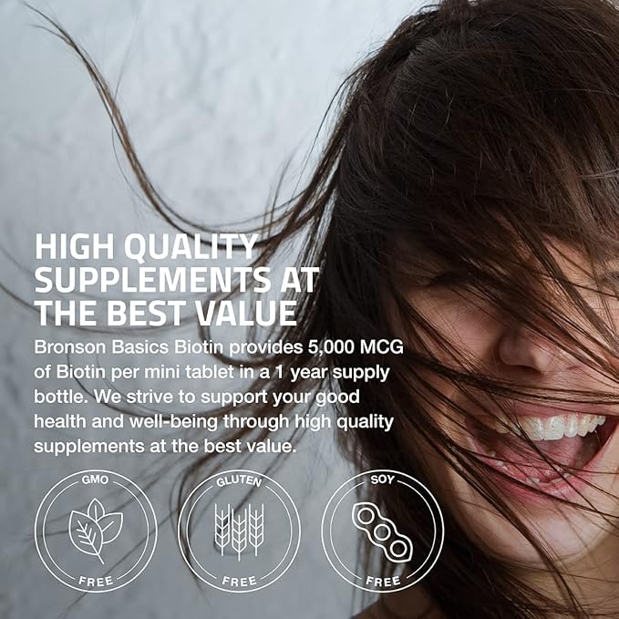 Bronson Biotin 5,000 MCG Supports Healthy Hair, Skin & Nails & Energy Production - High Potency Beauty Support - Non-GMO, 360 Vegetarian Tablets