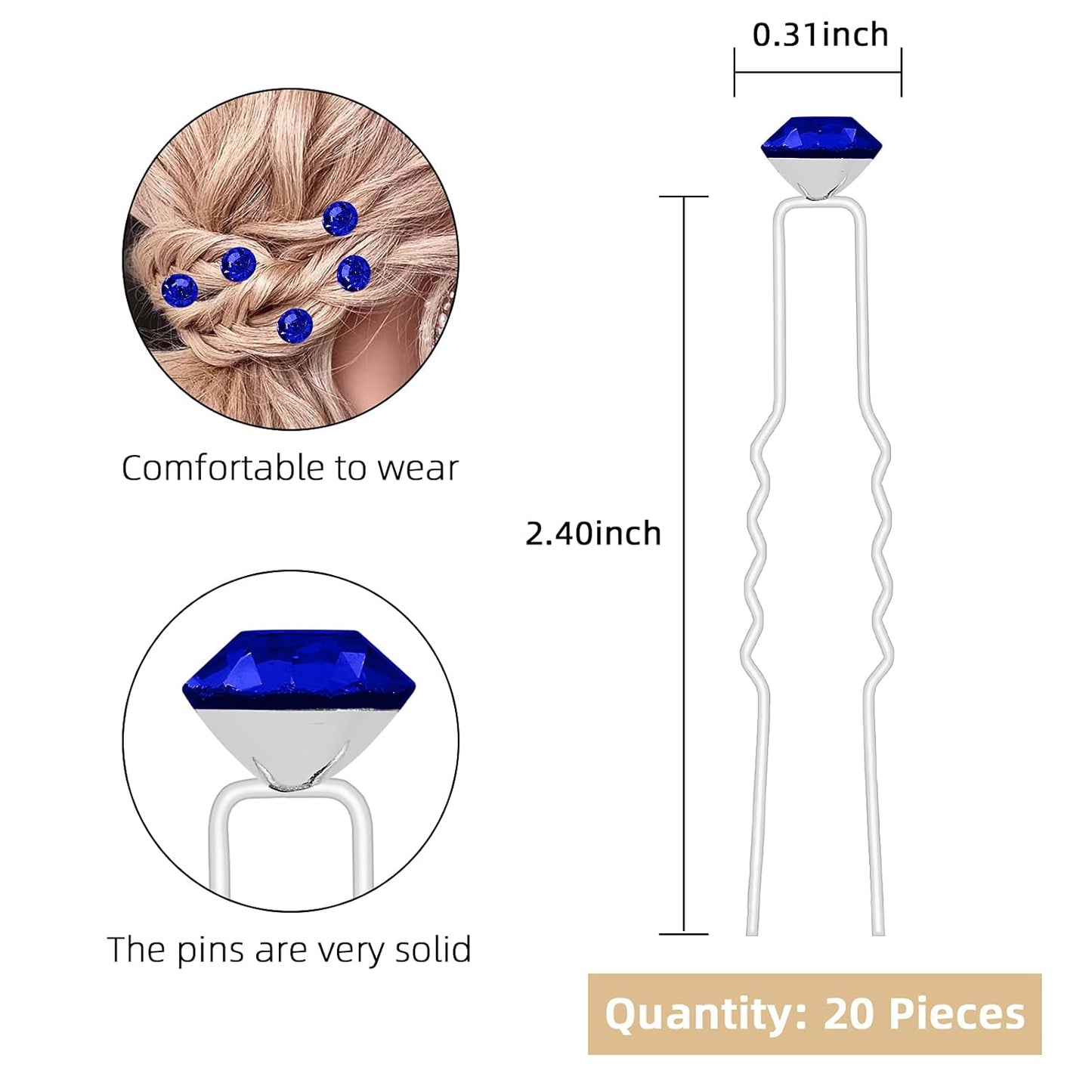 20 Pack (Navy) Rhinestone Hair Pins Crystal Hair Clips for Bridal Wedding Women Hair Jewelry Accessories, with Clear Container