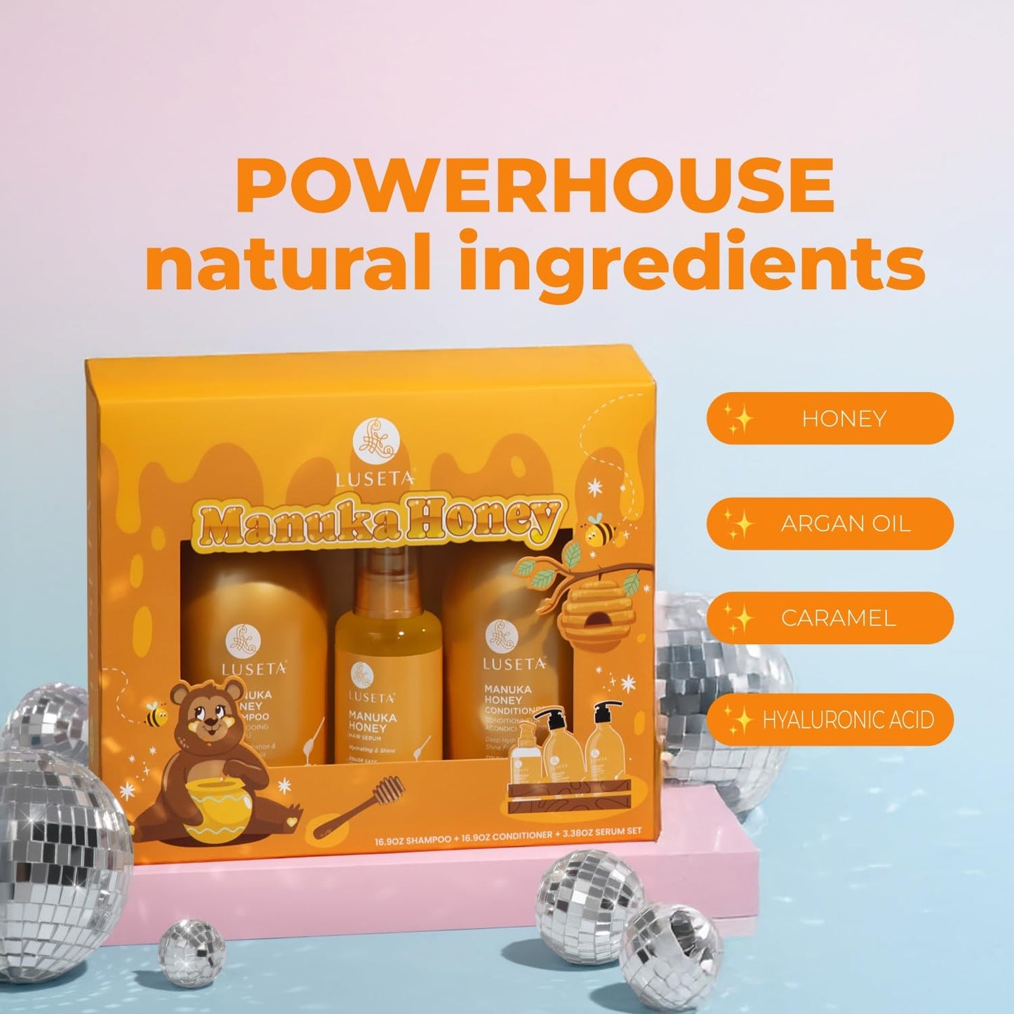 Luseta Manuka Honey Trio Hair Care Set Moisturizing Shampoo and Conditioner Set and Hair Serum Intense Hydration for Dry Hair For Ultimate Shine & Softness