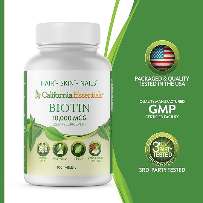 California Essentials Biotin 10000mcg | Vitamin B7 Promotes Healthy Skin, Hair & Nail Growth | High Potency Dietary Supplement for Men & Women | Non-GMO, Vegan, Gluten & Dairy Free (100 Tablets)