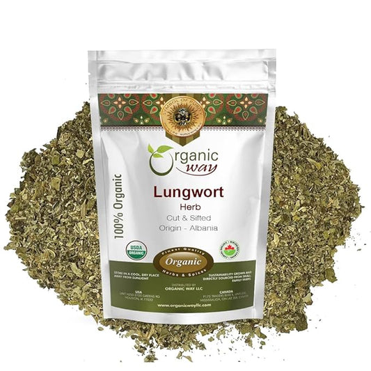 Organic Way Lungwort Dried Leaves (Pulmonaria officinalis) Cut & Sifted - Herbal Tea | Organic & Kosher Certified | Raw, Vegan, Non GMO & Gluten Free | USDA Certified | Origin - Albania (4 Ounce)