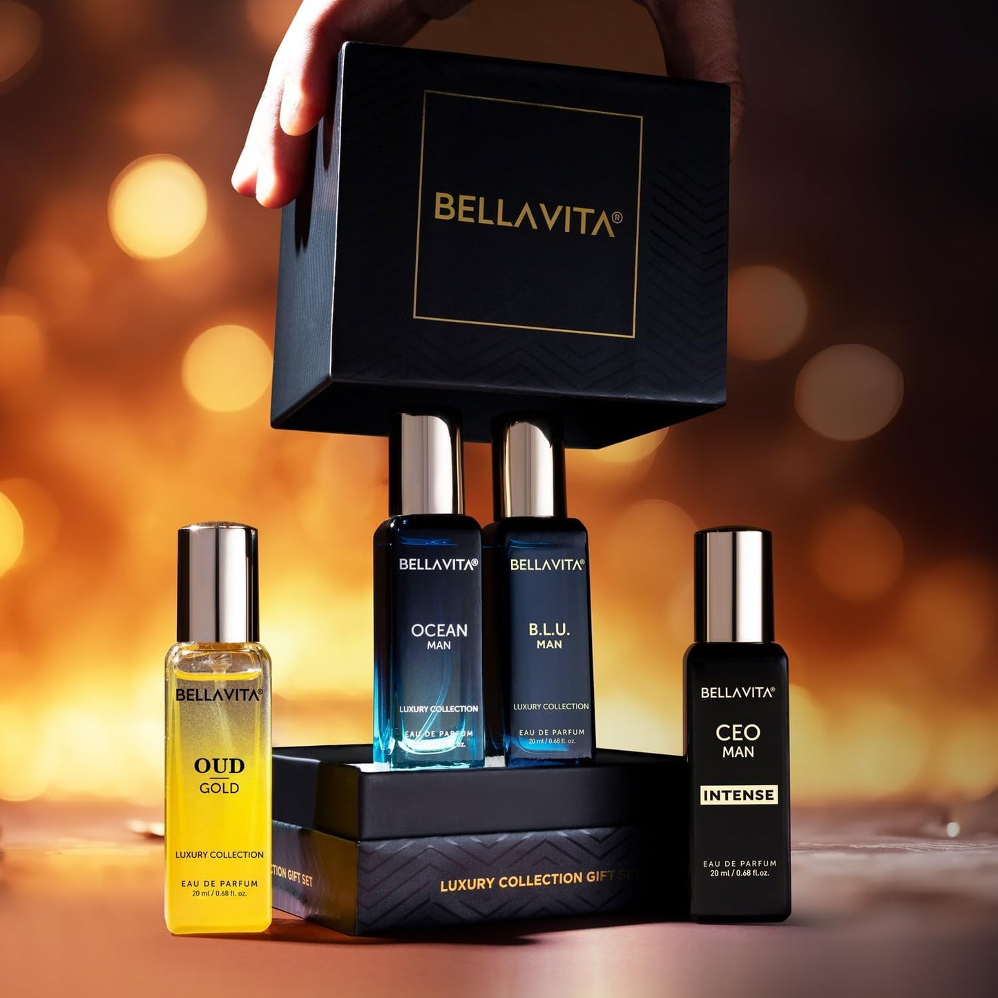 BellaVita Luxury Collection Eau De Parfum Gift Set (4x20ml) | Premium Unisex Perfume Set | Notes of Aqua, Musk, Amber and Bergamot | Includes OUD GOLD, OCEAN, B.L.U. & CEO Intense | Perfume Gift