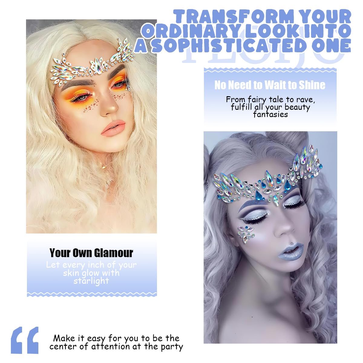 Mermaid Face Gems Stickers Rhinestone Colorful Glitter Gems Temporary Face Tattoo Stickers for Women Girl Halloween Cosplay Christmas Music Carnival Party Makeup (2 Pack)