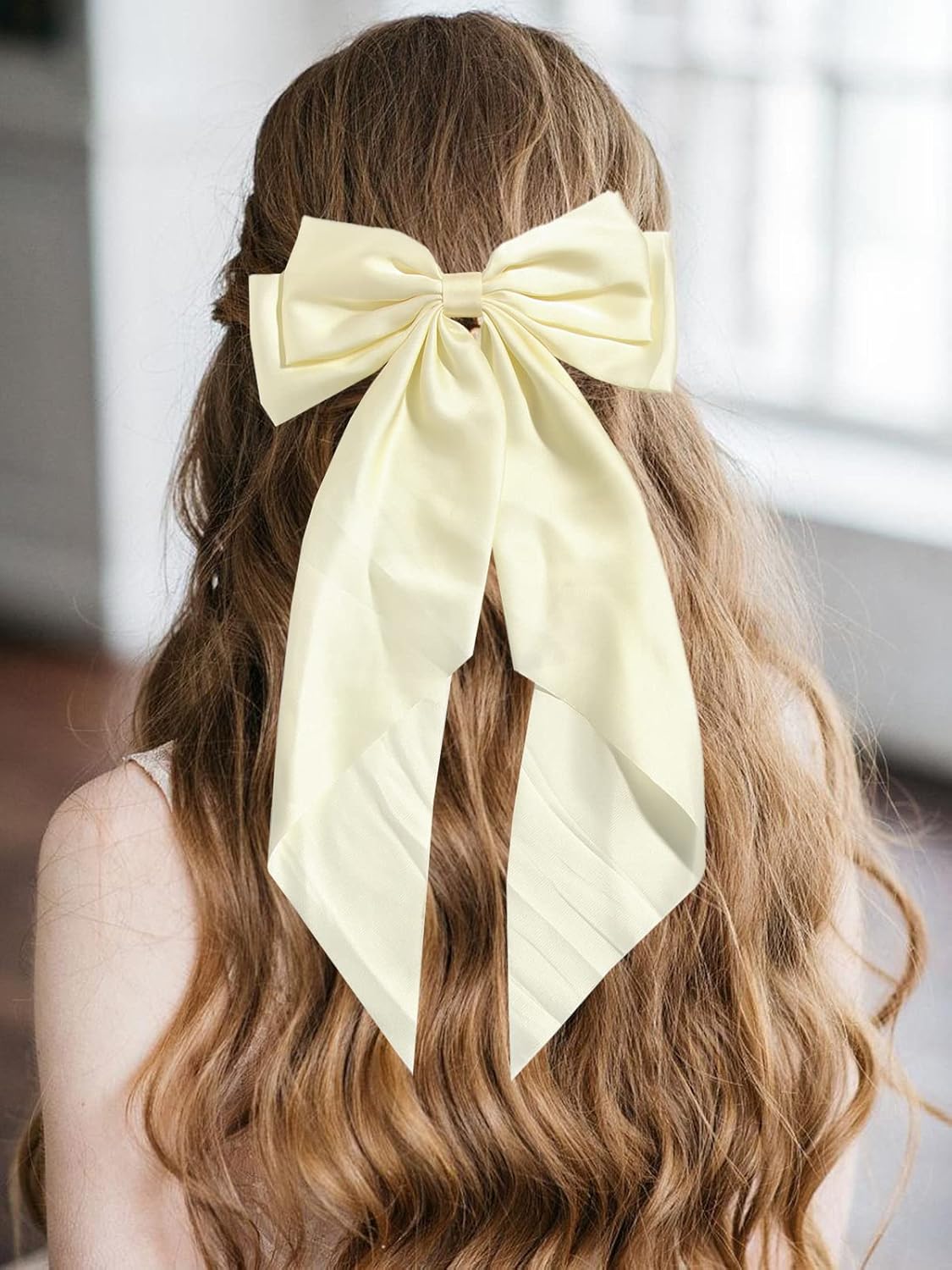 Women Big Bow Barrettes Girl's Satin Hairclips Long Ribbon Hair Pins Accessories For Party (Beige)