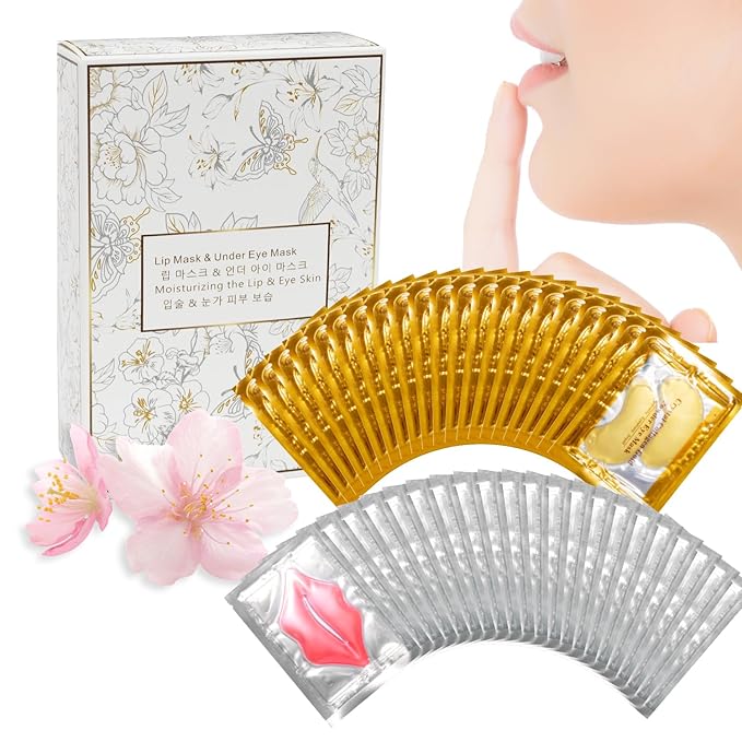 40 Pcs Lip Masks & Under Eye Masks, 24K Gold Gel Crystal Collagen Under Eye Patches for Puffy Eyes and Dark Circles, Effectively Moisturizing the Lip & Eye Skin, Reducing Wrinkles & Fine Lines