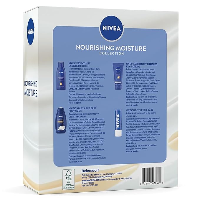 NIVEA Skin Care Set For Her, Nourishing Body Wash, Moisturizing Body Lotion, Lip Balm Stick with Shea Butter, & Hand Cream, 4 Piece Gift Set