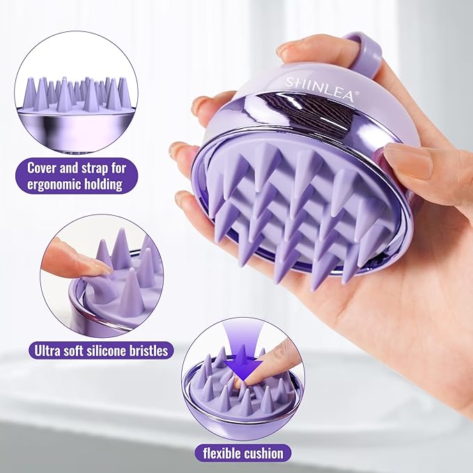 2 in 1 Scalp Massager Shampoo Brush with Soft Silicone Bristles for Hair Growth and Dandruff Removal, Hair Brush Head Massager Scalp Scrubber Exfoliator for Both Wet and Dry Use (Purple)