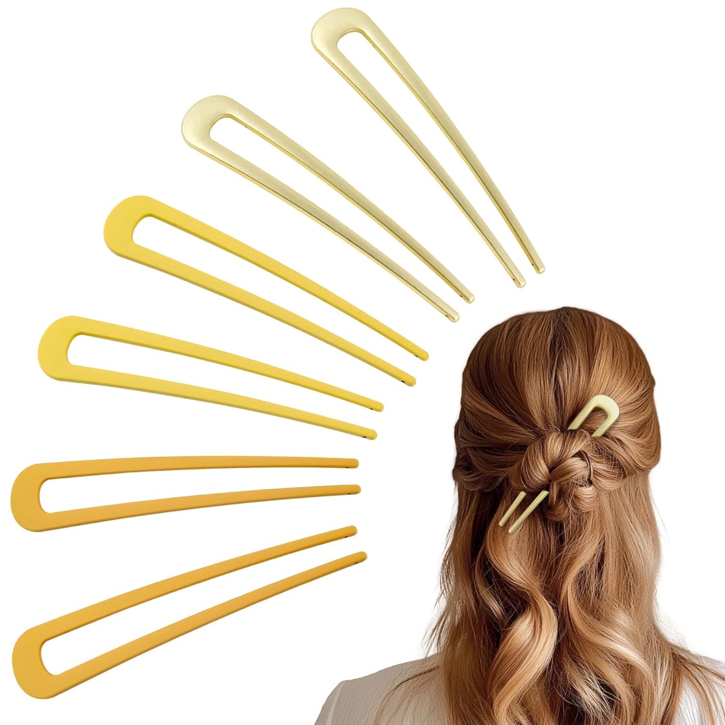 6Pcs Metal French Hair Pins for Women U Shape Sticks 3.9 Inch Vintage Fork for Hairstyle Accessories(Gold/Orange/Yellow)