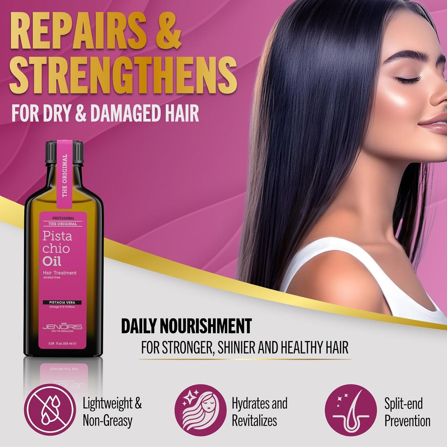 Jenoris Pistachio Oil Hair Serum for Frizzy and Damaged Hair, Lightweight Hair Oil for Dry Hair with Omega 3-6-9 Complex, Anti-Frizz Hair Serum for Shine, Hydration & Split-End Treatment, 3.38 fl.oz