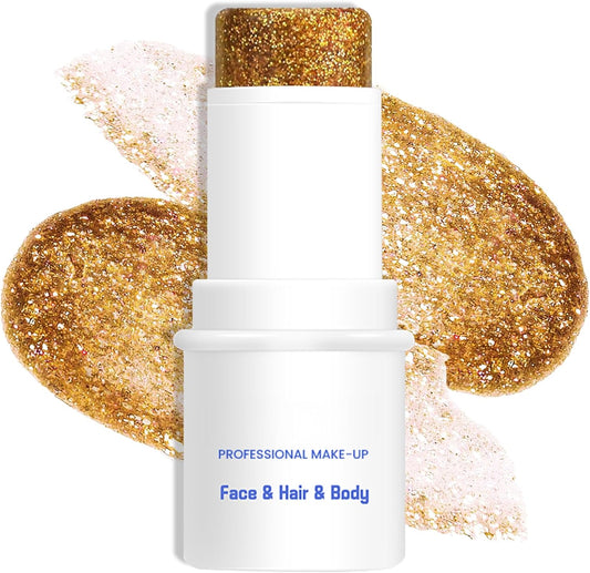 Gold Body & Face Glitter Makeup Stick, Multiuse Waterproof Glitter Gel for Face Body Hair Eye Lip, Holographic Sequins Paint Stick, Mermaid Accessories Makeup