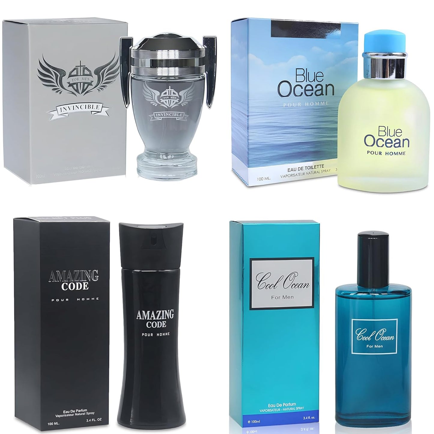Men's Cologne Gift Set Include Blue Ocean,Cool Ocean,Amazing Code & Invincible - 3.4 Fl Oz Each | Vanilla Bourbon, Leather & Amber Floral Fragrance | Luxury Eau de Toilette Quartet