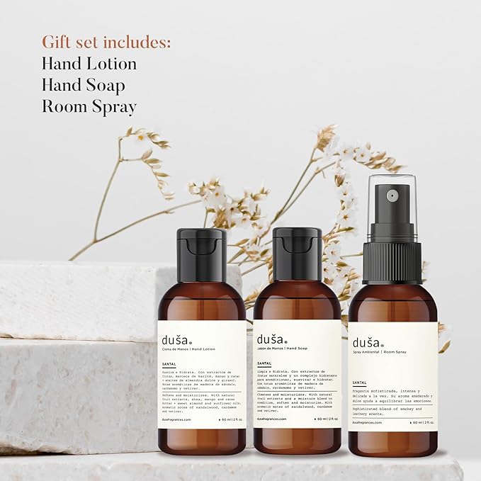 Dusa Santal Gift Set: Room Spray Santal Fragrance (2 oz), Premium Hydrating Hand Cream (2 oz), Soothing Hand Soap & Toile de Jouy Makeup Pouch – Ideal Luxurious Gift for Mothers Day