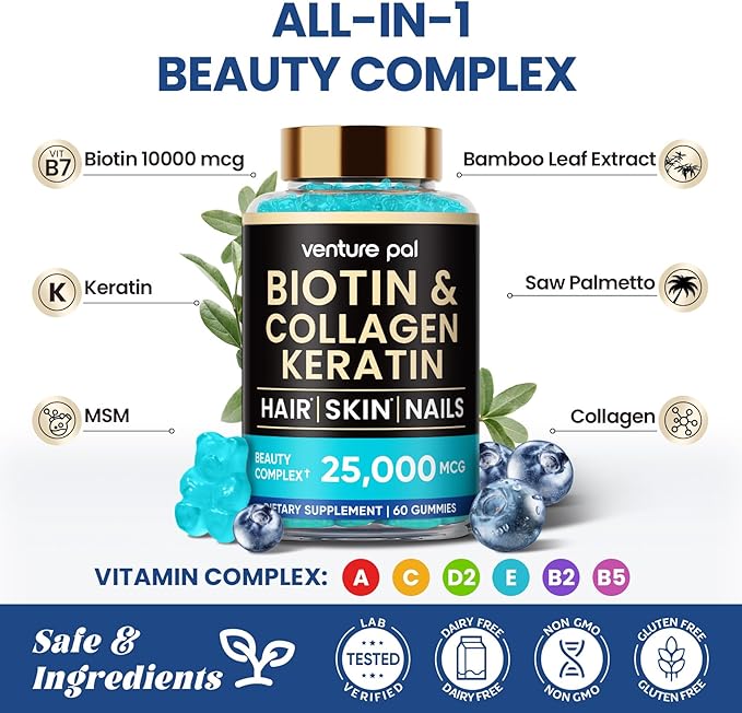 Venture Pal Biotin Gummies with Collagen & Keratin - Hair Growth Support Skin and Nail Strength Vitamins for Women & Men - Biotin 10000mcg | B-Complex | Saw Palmetto - Sugar Free, Non-GMO, 60ct