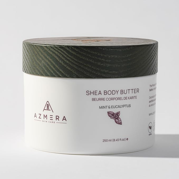 AZMERA Shea Body Butter - Organic Body Butter for Women & Men Dry Skin Rich in Antioxidants & Vitamin E - Vegan Shea Butter Moisturizer, Raw Shea Butter from Africa (Mint&Eucalyptus, 250ml)