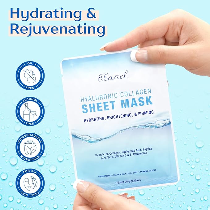Ebanel 40 Pack Collagen Peptide Hydrating Face Masks, Instant Brightening Firming Anti Aging Face Sheet Masks, Moisturizing Spa Facial Mask Skincare with Hyaluronic Acid, Vitamin C, Chamomile, Aloe