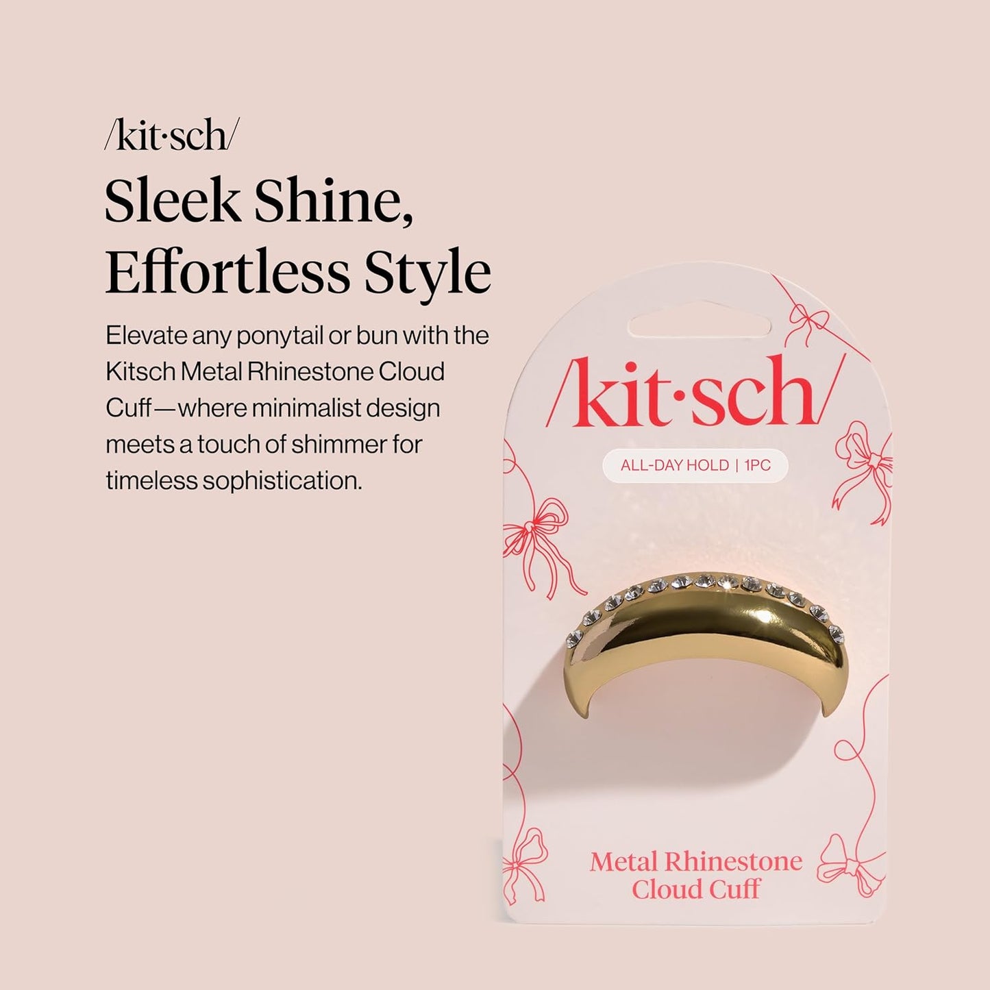 Kitsch Rhinestone Hair Cuff for Women - Gold Hair Accessories for Ponytails, Buns & Braids – Stylish Medium Gold Hair Cuff, No-Show Elastic | Elegant Gifts for Women & Stocking Stuffers - 1pc