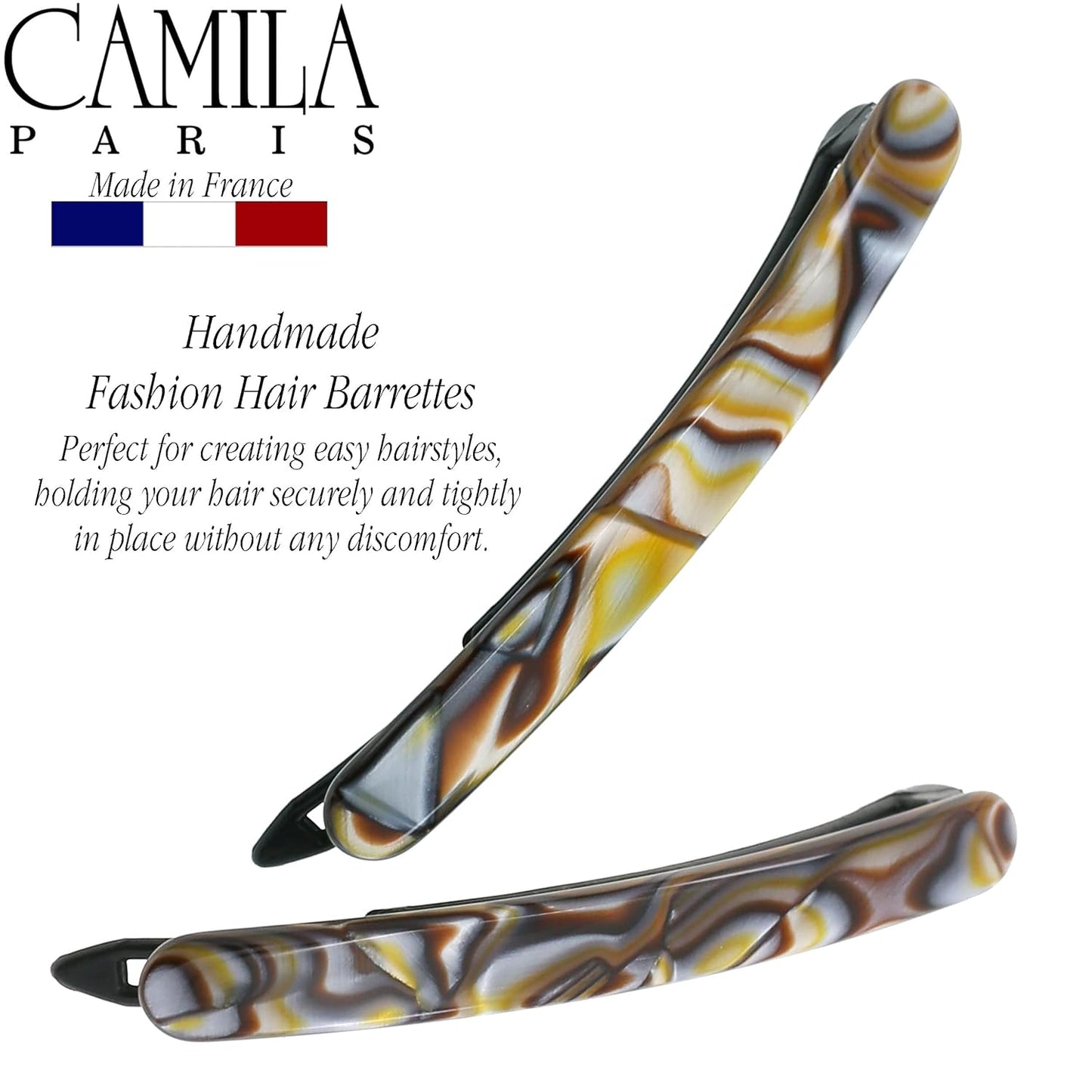 Camila Paris CP3373 French Hair Barrettes Clips for Women, Handmade, Girls Side Slide-in Barrette Clip, Hair Accessories for Women. Strong Hold No Slip Grip Fashion Durable Styling, Made in France