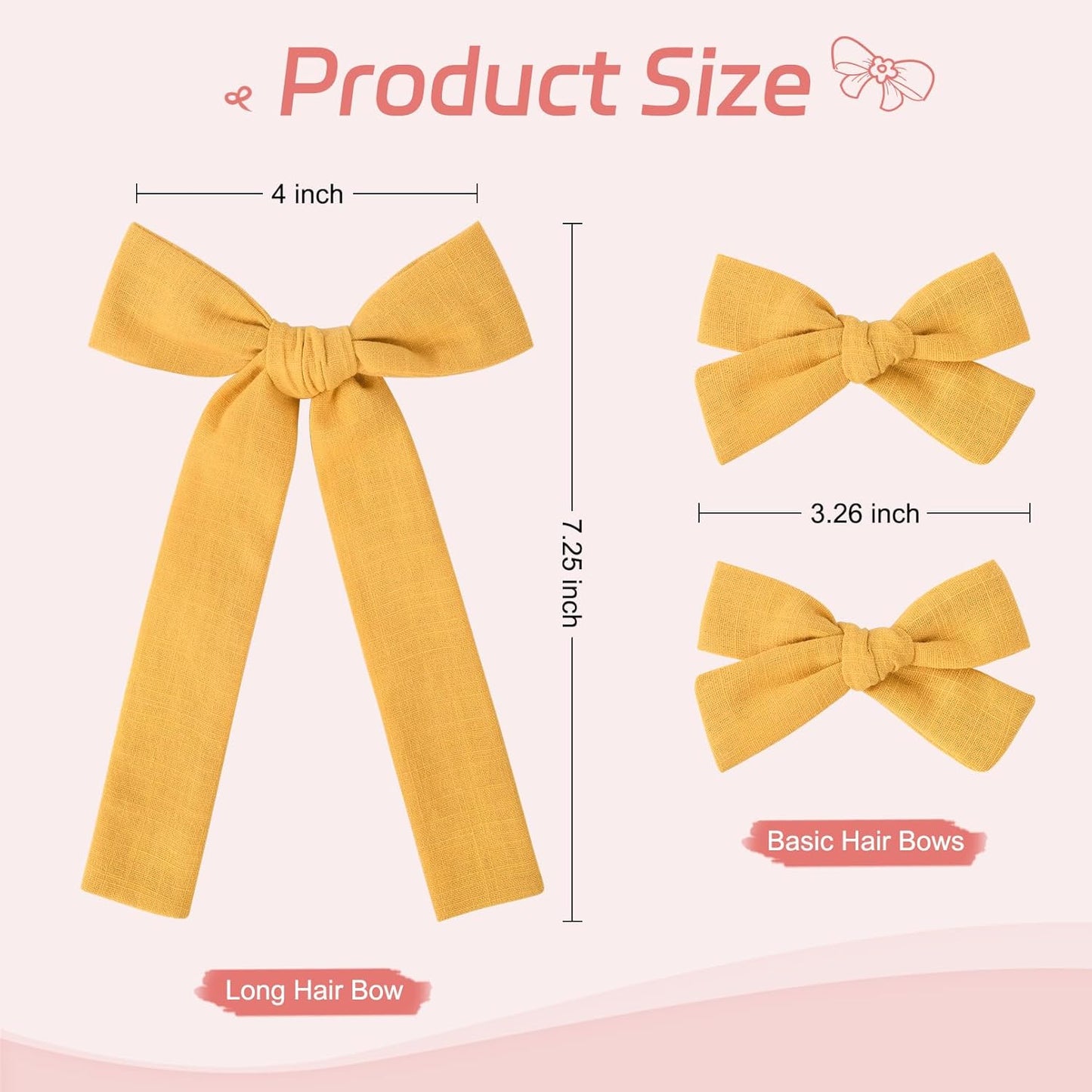 DEEKA Yellow Cotton Linen Hair Bows 2 Sizes 5"&3.5" Soft Hair Bow set for Toddler Girls Long Ponytail Knot Bows Alligator Clip Hair Accessories for Little School Girls (Ginger Yellow)