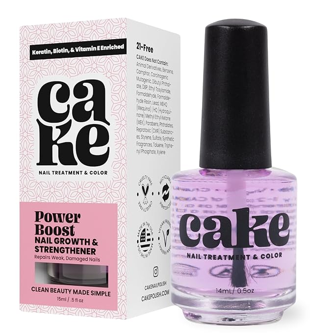 Nail Strengthener Power Boost Growth Formula, Keratin, Biotin, & Vitamin E, 21- Free, Repairs Damaged Nails, Stops Peeling & Chipping, Use as Clear Base Coat & Topcoat .50 fl. Oz. CAKE Nail Treatment