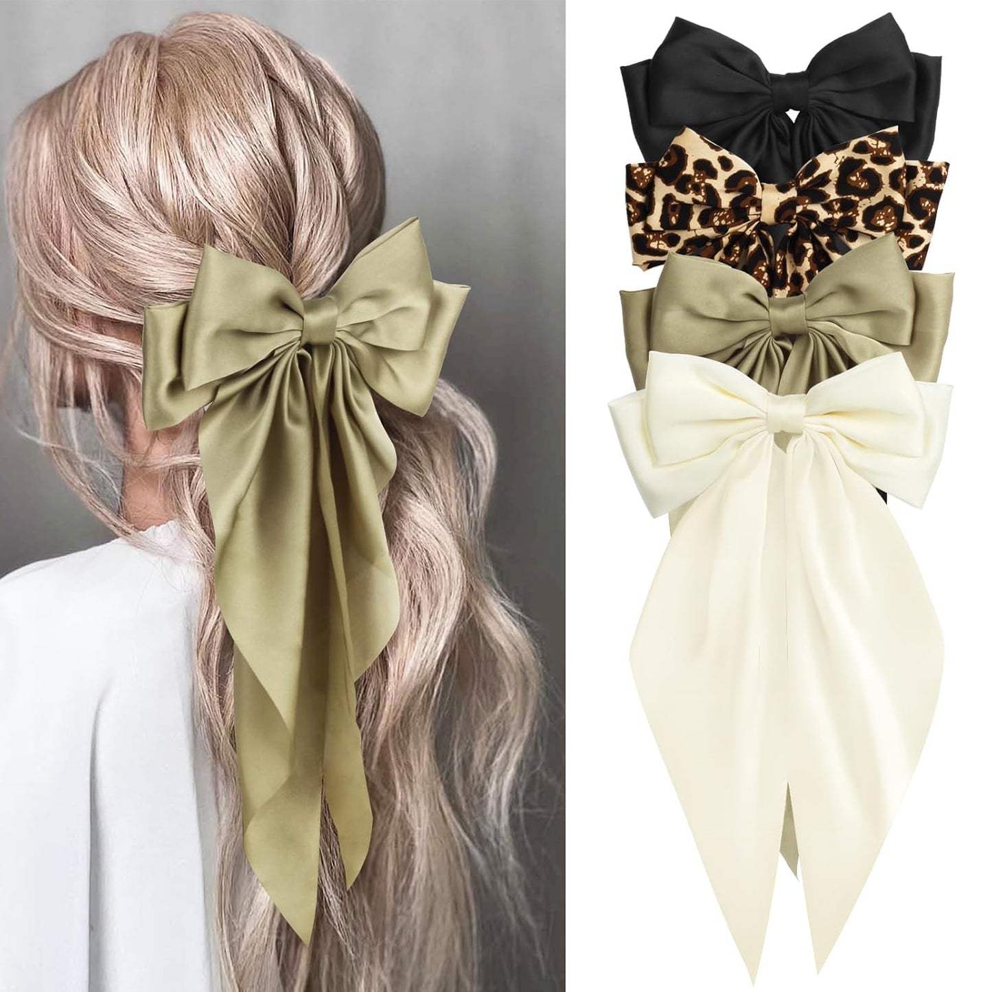 Silky Satin Hair Bows for Women Girls - 4PCS Ribbon Bows for Hair, Big Bow Hair Clips with Long Tail, Barrettes - Cute Hair Accessories Gifts (Black, Leopard, Green, Beige)