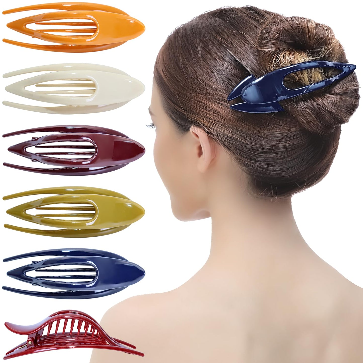 RC ROCHE 6 Pcs Flat Hair Clips Big Claw for Thick Hair French Duckbill Women No Slip Side Slide Curved Alligator Concord Strong Grip Hold Volume Lay Down Clamp, Medium Classic Multicolor