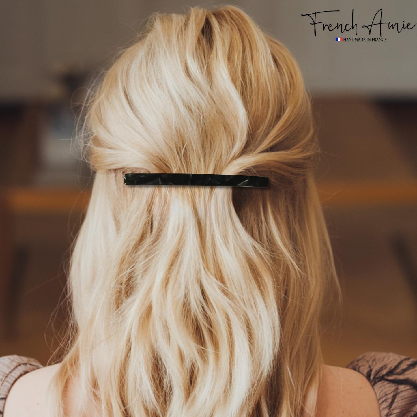 French Amie Long and Thin Large 4" Celluloid Handmade No Slip Durable Hair Barrette Clip for Women, Made in France (Black Nycra)