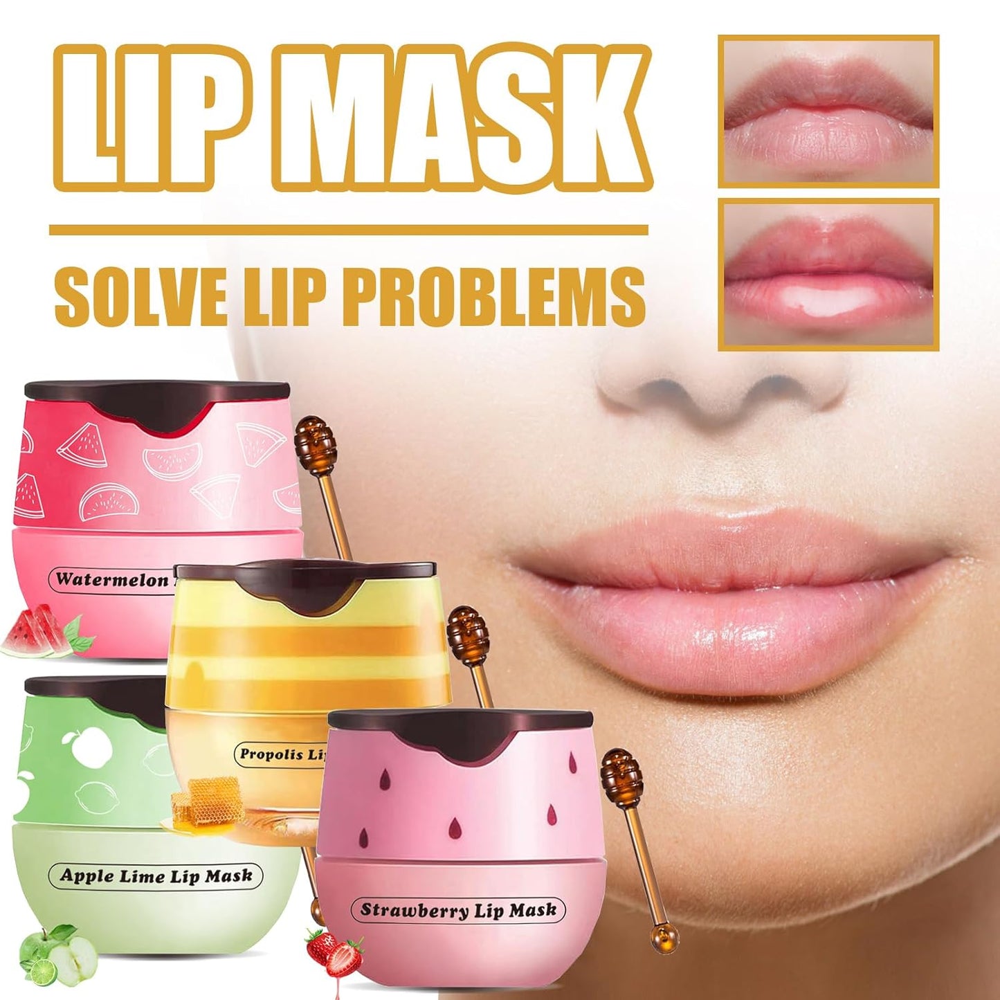 4 Pcs Honey Lip Balm, Strawberry Apple Watermelon Lip Mask, Moisturizing Lip Sleeping Mask, Hydrate Repair Prevent Dry Cracked Lip (Honey+Strawberry+Apple Lime+Watermelon)