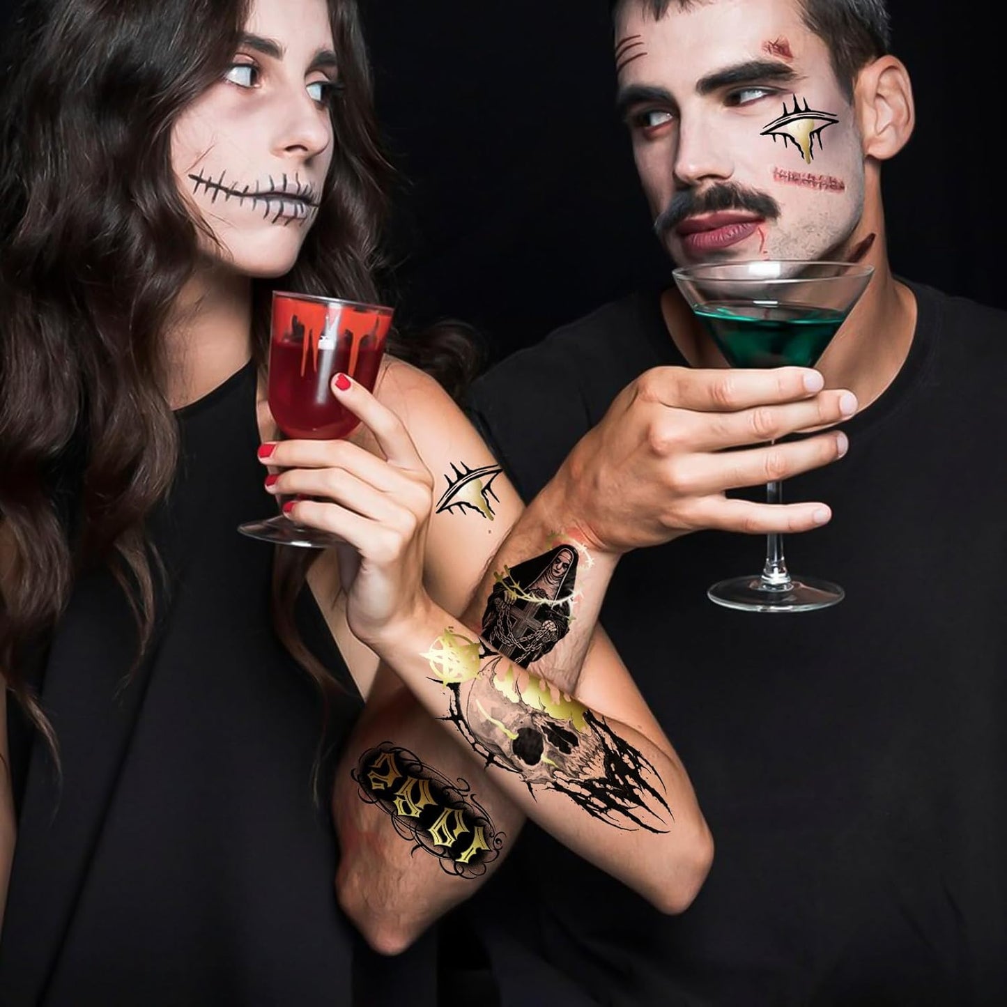 42 Sheets Gothic Temporary Tattoo, 12 Sheets Metallic Skull Cat Snake Spider Crow Half Arm Scary Fake Tattoos for Adults Men Women, 30 Sheets Small Tattoos Stickers for Party Supplies