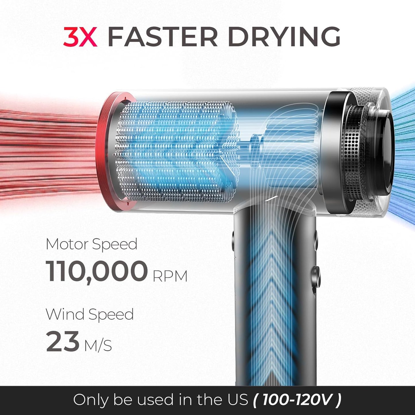 TYMO Hair Dryer with Diffuser for Women - 1500W Professional High Speed Blow Dryer with Comb, 110,000RPM Fast Dry, 200 Million Ionic Hairdryer, 4 Temps & 3 Speeds, 8 Ft Cord for Salon, Metal Gray