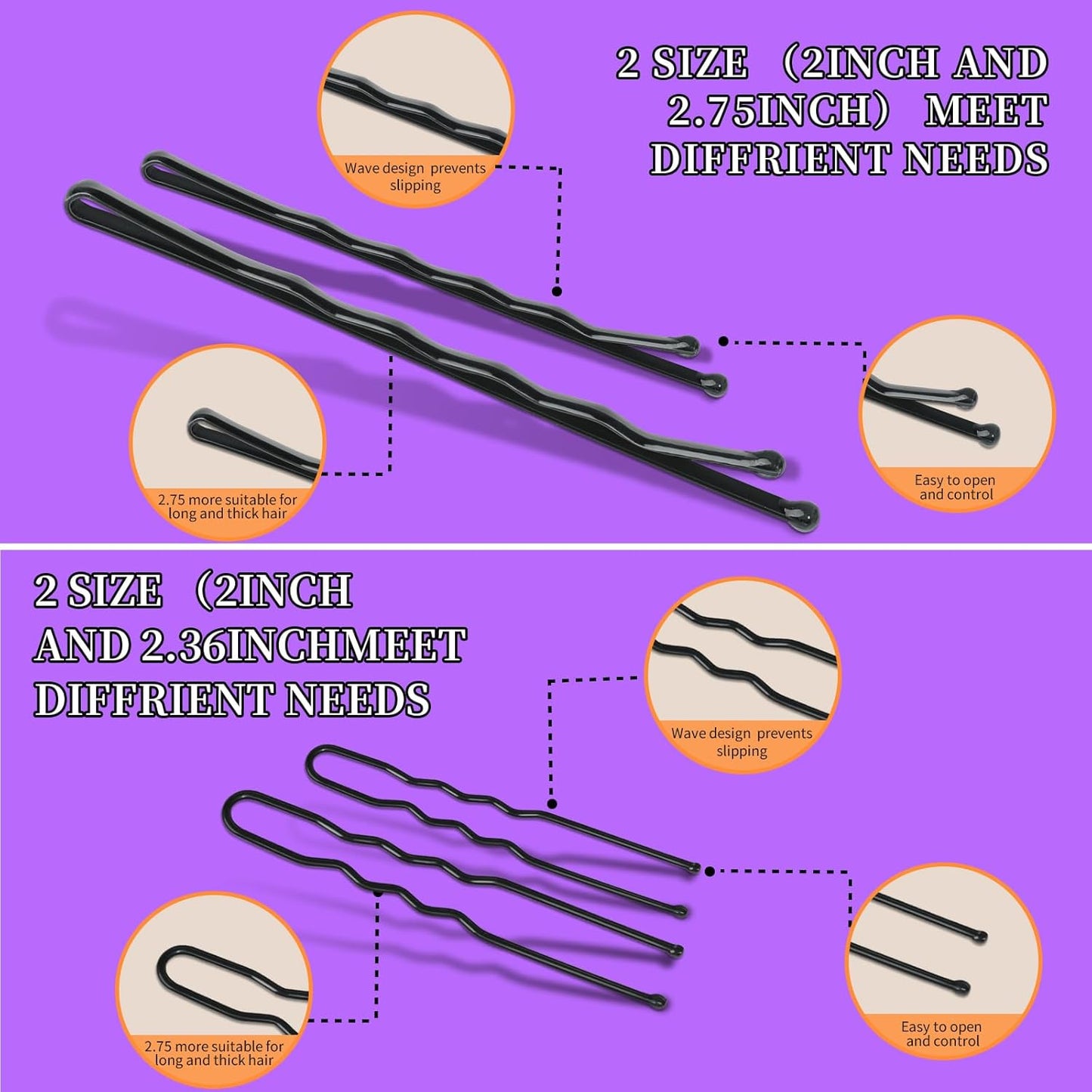 Teenitor 300pcs Hair Pins - Black Bobby Pins, Hair Bands Kit with U Pins for Buns & Bobby Pins in 2" & 2.75" Sizes