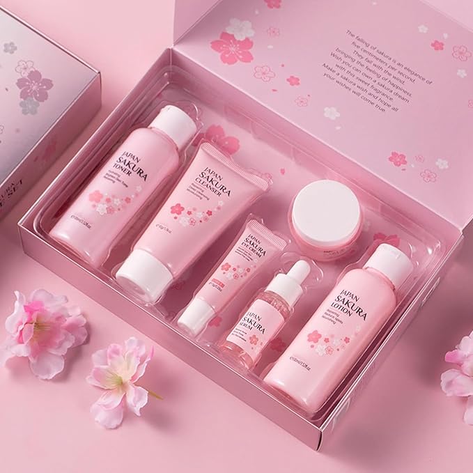 Skin Daily Skincare Set,Gentle Korean Skin Care Set,Skin Care Routine Kit for Women Gift Sets Includes Cleanser,Toner,Lotion,Serum,Eye Serum,Essence Cream Sakura Beauty Products (SetA)