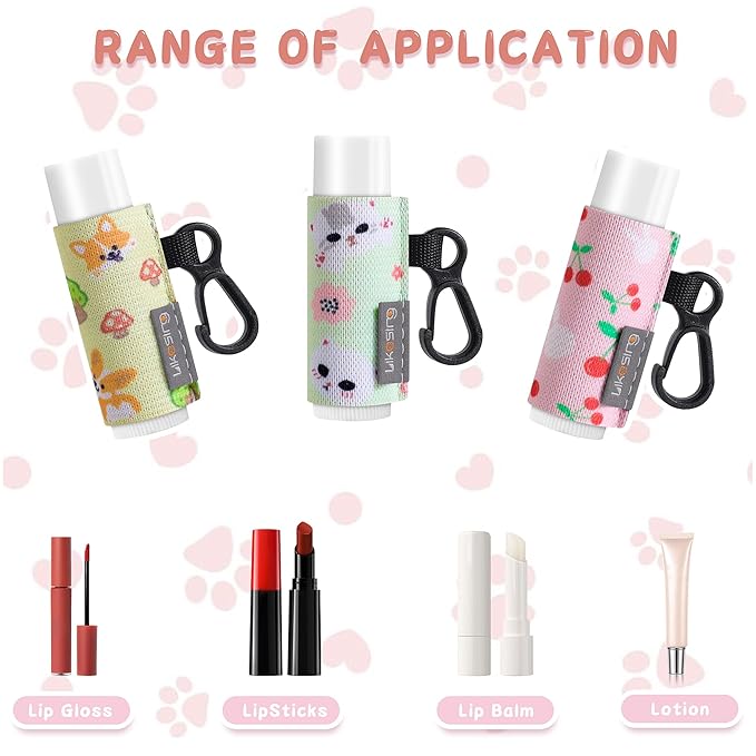 Keychain Chapstick Holder, Lip Balm Holder Lipstick Sleeve Pouch with Clip On, Elastic Lip Gloss Gifts for Friends (Animals, 3pcs)