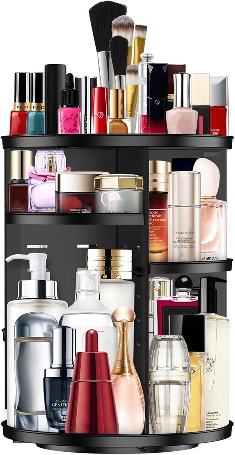 Makeup Organizer 360 Rotating Cosmetic Organizer DIY Adjustable Makeup Carousel Spinning Holder Rack, Large Capacity Cosmetic Storage Box Makeup Brushes Organizer for Vanity Countertop (Black)