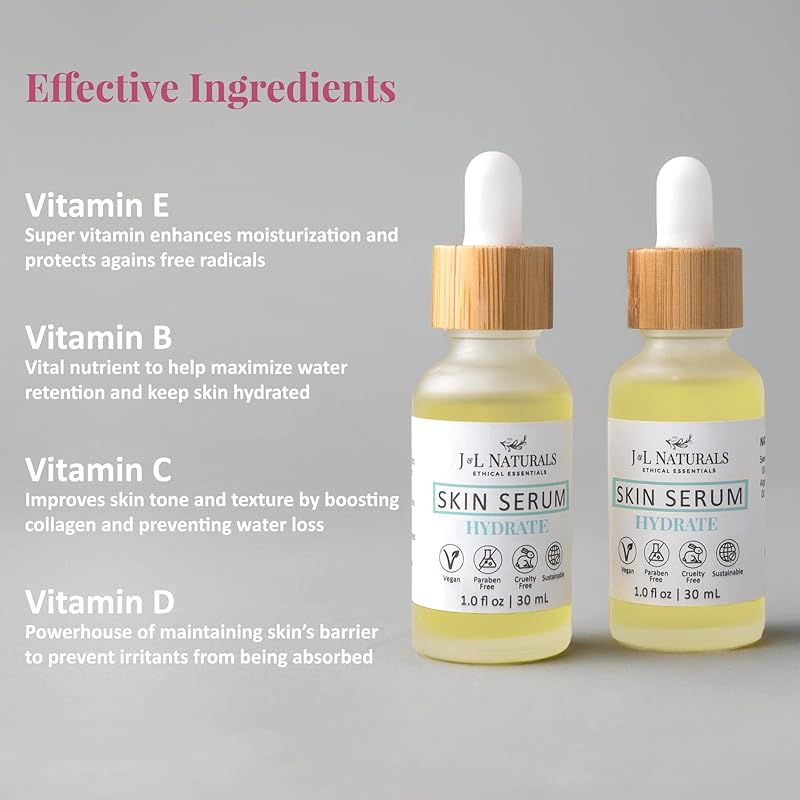 J&L Naturals | Face & Body Oil for Oily, Sensitive, Dry, Combination, Mature, & Dull Skin Types | With Jojoba Oil, Grapeseed Oil, Sunflower Oil, & More (1 Fl Oz (Pack of 2), Hydrate (dry))