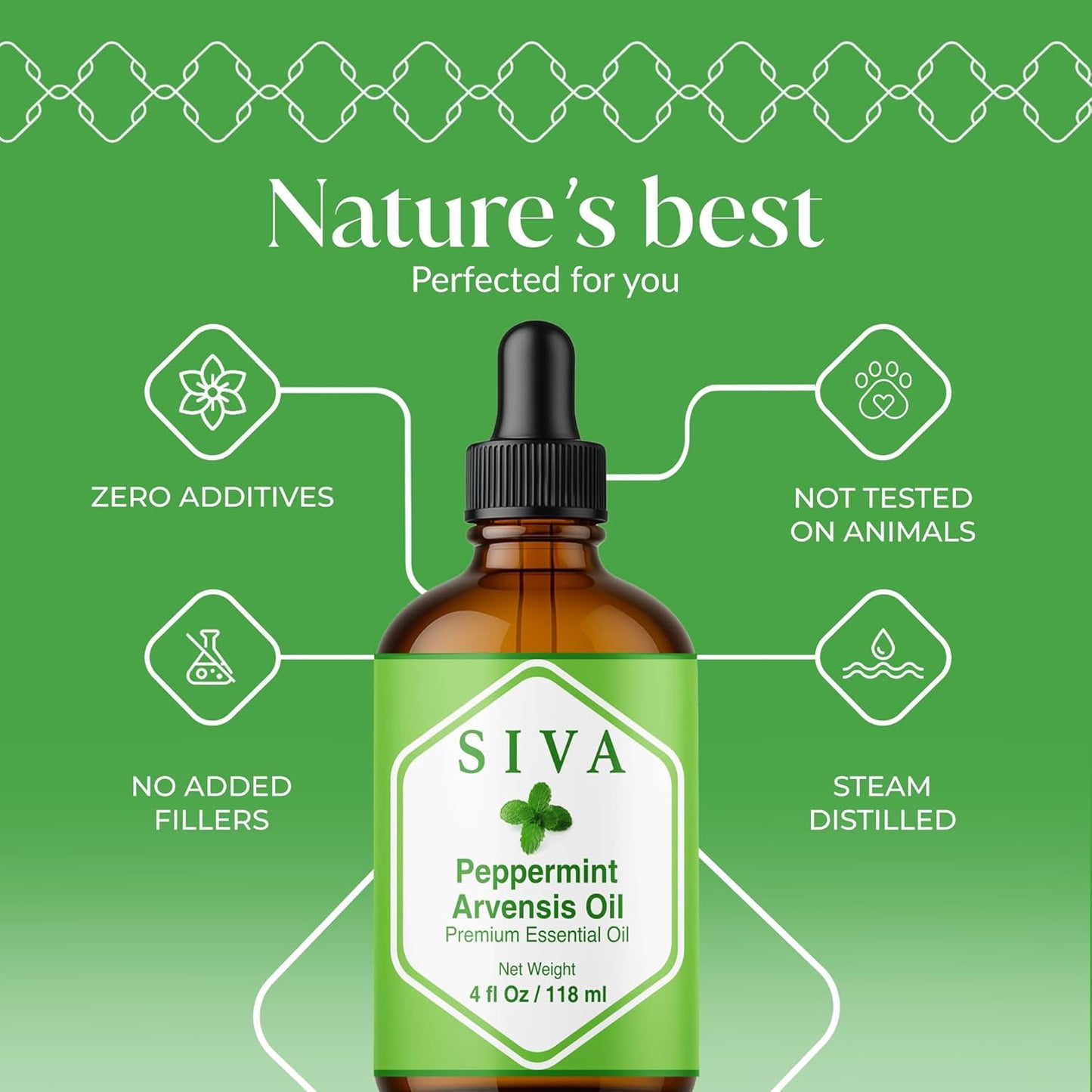 Siva Peppermint Arvensis Essential Oil - 4 Fl Oz – 100% Natural Peppermint Arvensis Oil - for Diffuser, Face, Skin Care, Aromatherapy, Hair Care, Scalp and Body Massage - with Dropper