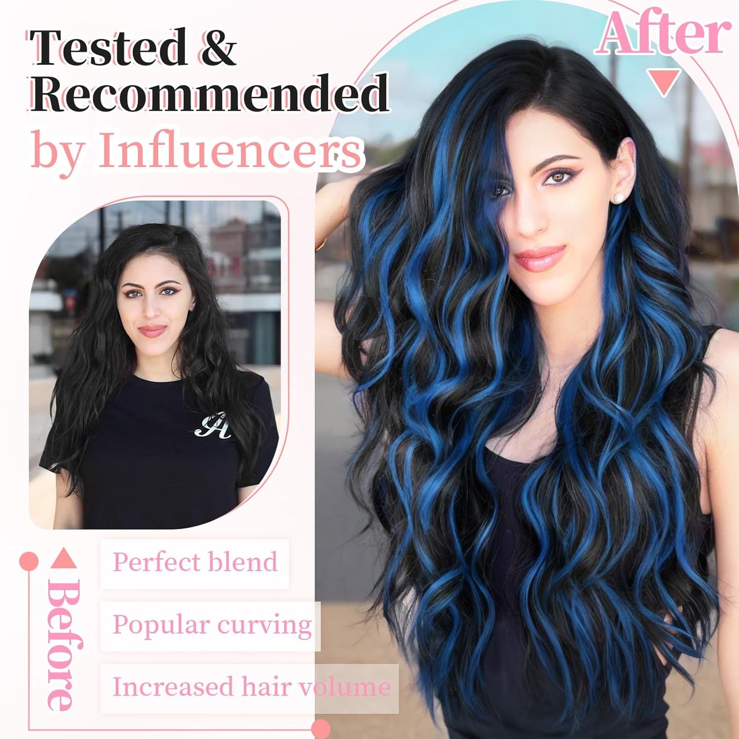 KooKaStyle Clip in Long Wavy Synthetic Hair Extension 24 Inch Blue - Black Streak 4PCS Thick Hairpieces Fiber Double Weft Hair for Women