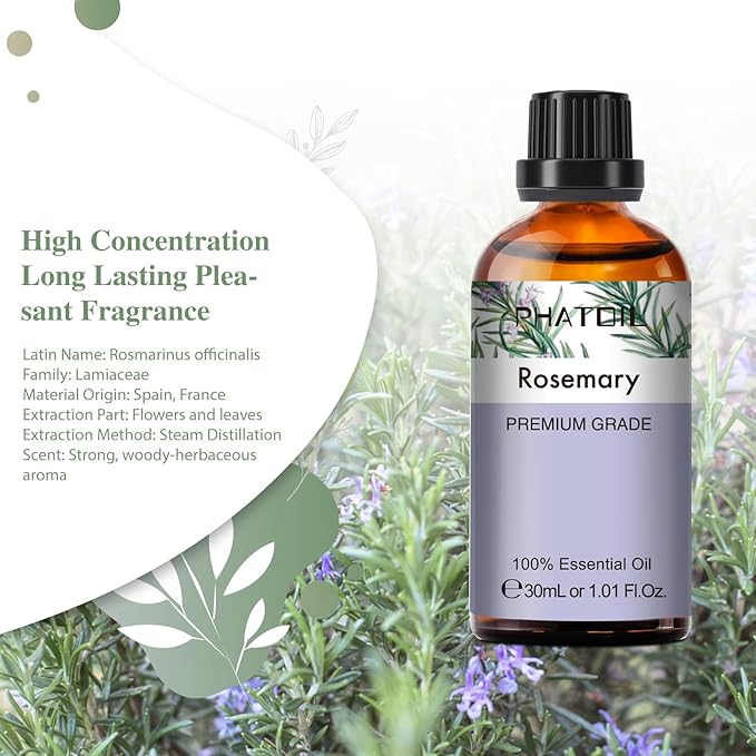 Rosemary Essential Oil 1.01fl.oz/30ml, PHATOIL Premium Rosemary Oils Long Lasting Scents for Aromatherapy, Diffuser, DIY Soap and Candle Making