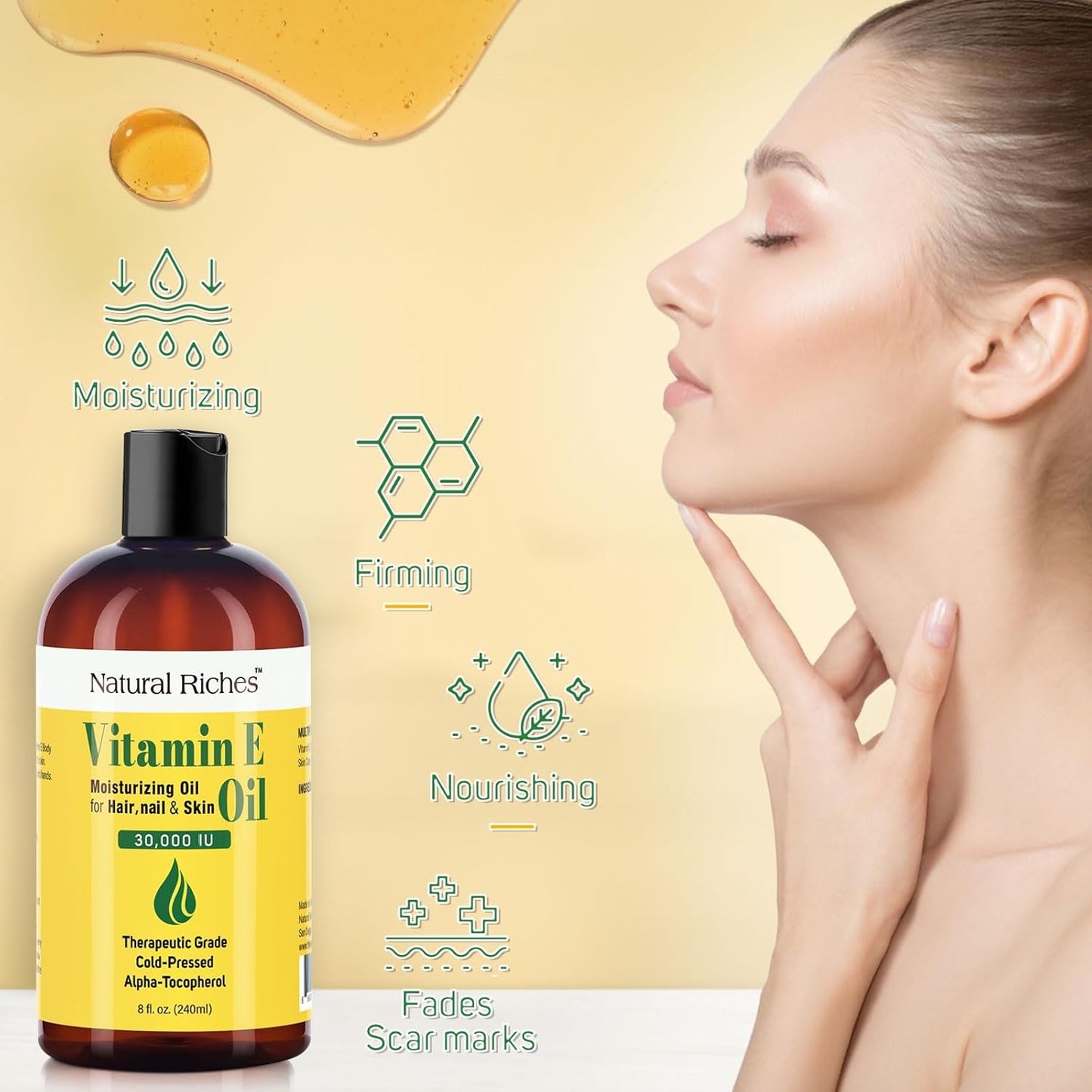 Natural Riches Vitamin E Oil | 100% Pure and Natural Cold Pressed Vitamin E oil for Skin, Scars, Face, Nails, Hair, Scalp 30,000 IU Non-GMO Verified Hair & Body Oil :8 Fl Oz
